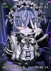  1girl alternate_costume black_bow black_socks blue_hair bow commentary eyepatch foreshortening full_body hair_between_eyes hair_intakes hair_ornament hairclip jewelry long_sleeves looking_at_viewer maid_headdress multiple_rings open_mouth purple_bow purple_nails ring smile socks solo standing two_side_up untranslatable_commentary virtual_youtuber vspo! w white_bow xdoxa89 yano_kuromu 