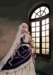  1girl blue_eyes bouquet breasts cleavage dress elbow_gloves flower gloves hair_flower hair_ornament highres long_hair looking_at_viewer megurine_luka pink_hair revision solo veil very_long_hair vient vocaloid wedding_dress 
