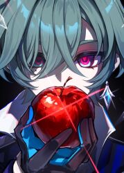  1boy ahe63011 apple armor black_background black_gloves blue_gloves blue_shirt coat collared_shirt commentary earrings english_commentary food fruit genshin_impact gloves green_hair hair_between_eyes highres holding holding_food holding_fruit jewelry lohen_(genshin_impact) long_sleeves looking_at_viewer male_focus mole mole_under_eye multicolored_eyes multicolored_gloves shirt short_hair shoulder_armor single_earring solo two-tone_gloves upper_body 