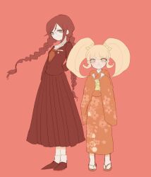  2girls arm_behind_back blonde_hair blush bow braid brown_hair brown_serafuku brown_shirt brown_shoes brown_skirt closed_mouth collared_shirt crying crying_with_eyes_open danganronpa:_trigger_happy_havoc danganronpa_(series) danganronpa_2:_goodbye_despair eyelashes floral_print floral_print_kimono fukawa_toko full_body glasses green_bow green_sash hair_bow highres japanese_clothes kimono long_hair long_skirt long_sleeves mole mole_under_mouth multiple_girls neckerchief obi oishiitigo open_mouth orange_eyes orange_kimono print_kimono red_background red_neckerchief saionji_hiyoko sandals sash school_uniform serafuku shirt shoes simple_background skirt skirt_set socks standing tears teeth twin_braids twintails upper_teeth_only violet_eyes white_socks 