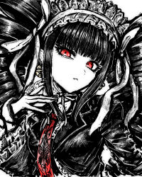  1girl black_hair black_jacket black_nails celestia_ludenberg commentary_request danganronpa:_trigger_happy_havoc danganronpa_(series) drill_hair earrings frills gothic_lolita highres jacket jewelry lolita_fashion long_hair long_sleeves looking_at_viewer nail_polish necktie red_eyes red_necktie solo tsukihi_shida twin_drills twintails upper_body 