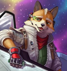  1boy 7th_art_forge animal_ears artist_name arwing black_gloves bodysuit cockpit commentary english_commentary fangs fingerless_gloves fox_boy fox_ears fox_mccloud furry furry_male gloves green_bodysuit highres holding holding_screwdriver jacket looking_at_viewer male_focus neckerchief open_mouth red_neckerchief scouter screwdriver smile space star_(sky) star_fox star_fox_(2026) upper_body white_jacket 