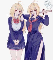  !? 1boy 2girls absurdres ahoge akamatsu_kaede blonde_hair blue_jacket blue_serafuku blue_skirt blush bow bowtie breasts collared_shirt commentary_request danganronpa_(series) danganronpa_v3:_killing_harmony dual_persona hair_ornament hairclip hand_on_another's_shoulder highres holding holding_sword holding_weapon jacket katana large_breasts llie_137 long_hair long_skirt long_sleeves looking_at_viewer multiple_girls multiple_hairclips musical_note musical_note_hair_ornament neckerchief open_mouth orange_eyes own_hands_together red_bow red_bowtie red_neckerchief saihara_shuichi school_uniform serafuku shirt simple_background skirt smile sword weapon white_background white_shirt 