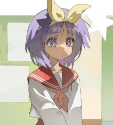  1girl border commentary cropped_shirt hairband highres hiiragi_tsukasa indoors jin_(jin_sen0956) long_sleeves lucky_star midriff_peek neckerchief parted_lips purple_hair red_neckerchief red_sailor_collar ryouou_school_uniform sailor_collar school_uniform shaded_face shadow shirt solo standing star_(symbol) untranslatable_commentary upper_body violet_eyes white_border white_shirt yellow_hairband 