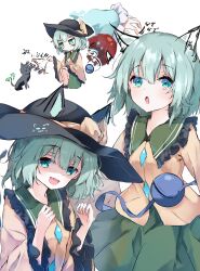  2girls 5nikorai absurdres animal_ears black_hat bow buttons cat cat_ears cat_teaser collared_shirt commentary diamond_button disembodied_linked_eye eyeball frilled_shirt_collar frilled_sleeves frills green_eyes green_hair green_skirt hat hat_bow highres komeiji_koishi komeiji_satori long_sleeves multiple_girls multiple_views shirt siblings sisters skirt touhou translation_request wide_sleeves yellow_bow yellow_shirt 