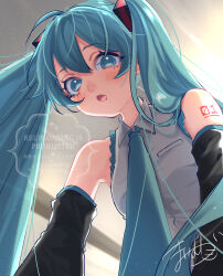  1girl absurdres aqua_eyes aqua_hair aqua_necktie bare_shoulders commentary_request detached_sleeves from_below grey_shirt hatsune_miku highres long_hair looking_at_viewer mai_mugi necktie number_tattoo open_mouth shirt shoulder_tattoo signature sleeveless sleeveless_shirt solo tattoo twintails very_long_hair vocaloid 