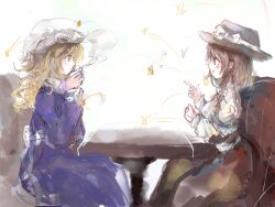  2girls back_bow black_hat black_skirt blonde_hair bow brown_eyes brown_hair collared_dress collared_shirt commentary contrast_collar dress eye_contact hair_bow hat hat_bow highres juliet_sleeves long_hair long_sleeves looking_at_another maribel_hearn medium_hair mob_cap multiple_girls puffy_sleeves purple_dress sash shirt sitting skirt sleeve_cuffs sleeve_garter star_(symbol) steaming_cup table touhou usami_renko uwazumi white_background white_bow white_hat white_sash white_shirt yellow_eyes 