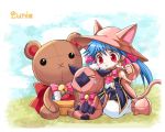 1girl blue_hair copyright_name dacy hat jingle_bell lunia red_eyes sewing sitting stuffed_animal stuffed_toy tagme twintails wariza