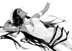  1girl absurdres arjuna_(fate) armlet belt covered_navel fate/grand_order fate_(series) genderswap genderswap_(mtf) gloves greyscale highres jewelry jiayizaoqizaoshui long_hair lying monochrome necklace on_side open_mouth pants shirt simple_background sleeveless sleeveless_shirt smile solo spot_color white_background 