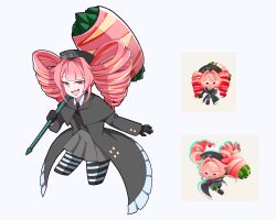  1girl absurdres akaruii_31 bacon_roll_cookie black_gloves black_jacket black_suit cookie_run cookie_run:_ovensmash drill_hair gloves grey_skirt hammer hat highres holding holding_hammer jacket necktie pink_hair pleated_skirt red_eyes reference_inset skirt smile socks solo striped_clothes striped_socks suit twin_drills white_background 