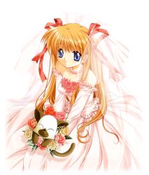  1girl animal blue_eyes blush bouquet breasts bridal_veil bride cat detached_sleeves dress hair_ribbon highres hinoue_itaru holding holding_animal holding_bouquet holding_cat kanon long_hair looking_at_viewer medium_breasts official_art orange_hair pink_dress piro ribbon sawatari_makoto smile strapless strapless_dress veil wedding_dress 