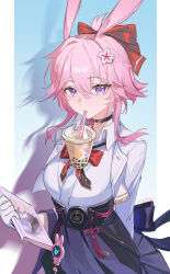  absurdres animal_ears blue_background blue_eyes blue_skirt book border breasts bubble_tea bubble_tea_challenge chinese_commentary commentary_request evanescia_(honkai:_star_rail) flower fox_ears fox_girl hair_flower hair_ornament highres holding holding_book honkai:_star_rail honkai_(series) jacket kurihara_junichi large_breasts looking_at_viewer manga_(object) pink_hair short_hair_with_long_locks simple_background skirt solo white_border white_jacket 
