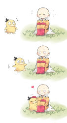  1boy bald blush boots cape chibi closed_eyes closed_mouth crossover gloves grass heart highres ie_(nyj1815) jumpsuit knees_up motion_lines notice_lines one-punch_man petting pokemon pokemon_(creature) psyduck red_boots red_gloves saitama_(one-punch_man) sitting smile white_cape yellow_jumpsuit 
