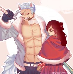  1boy 1girl abs artist_name back belt big_bad_wolf big_bad_wolf_(cosplay) black_hair capelet caydeus cigar commentary cosplay cowboy_shot half_updo holding holding_weapon jacket jitte little_red_riding_hood_(fairy_tale) little_red_riding_hood_(fairy_tale_character) little_red_riding_hood_(fairy_tale_character)_(cosplay) one_piece open_clothes open_jacket parted_lips smoke smoker_(one_piece) stitched_face stitches tashigi weapon white_hair wolf_boy 