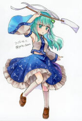 1girl arm_up armpits artist_name blue_skirt blue_trim blush breasts brown_shoes collared_shirt commentary_request dated detached_sleeves frilled_skirt frills frog frog_hair_ornament full_body gohei green_eyes green_hair hair_ornament hair_tubes holding holding_gohei knee_up kneehighs kochiya_sanae loafers long_hair long_sleeves looking_at_viewer medium_breasts midriff no_nose nontraditional_miko one-hour_drawing_challenge parted_lips proton shirt shoes simple_background single_hair_tube skirt sleeveless sleeveless_shirt snake snake_hair_ornament socks solo standing standing_on_one_leg touhou twitter_username white_background white_shirt white_socks wide_sleeves 