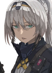  1010kman 1girl alva_(girls'_frontline_2) an-94_(girls'_frontline) aqua_eyes girls'_frontline_2:_exilium girls_frontline hairband high_ponytail highres long_hair mask mouth_mask ponytail portrait solo white_background white_hair 