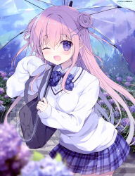  1girl :d absurdres artist_name bag blue_bow blue_bowtie blue_skirt blush bow bowtie breasts collared_shirt cowboy_shot dengeki_moeoh double_bun flower hair_bun hair_ornament hairclip hand_up highres holding holding_umbrella leaning_forward long_hair looking_at_viewer magazine_scan medium_breasts miniskirt miyasaka_miyu original outdoors pink_hair plaid_bow plaid_bowtie plaid_clothes plaid_skirt pleated_skirt purple_flower rain scan school_bag school_uniform shirt sidelocks skirt sleeves_past_fingers sleeves_past_wrists smile solo standing sweater third-party_source transparent transparent_umbrella two_side_up umbrella under_umbrella violet_eyes water_drop wet white_shirt white_sweater 