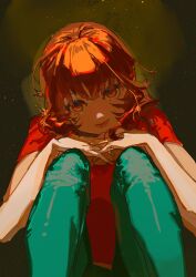  1girl black_background blue_pants choppy_bangs closed_mouth head_tilt highres interlocked_fingers knees_to_chest knees_up looking_at_viewer medium_hair muyihui own_hands_clasped own_hands_together pants paprika paprika_(character) red_eyes red_hair red_shirt shirt smile solo 