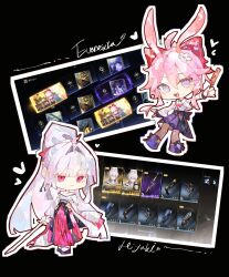  2girls absurdres animal_ears bow character_name closed_mouth cocoballking commentary_request corn_dog evanescia_(honkai:_star_rail) food fox_ears fox_girl hair_bow hakama hakama_skirt highres hiyuki_(wuthering_waves) holding holding_food holding_sword holding_weapon honkai:_star_rail honkai_(series) japanese_clothes katana kimono long_hair looking_at_viewer multiple_girls open_mouth pink_bow pink_hair ponytail purple_skirt red_eyes red_hakama screenshot_inset shirt skirt smile sword violet_eyes weapon white_hair white_kimono white_shirt wuthering_waves 