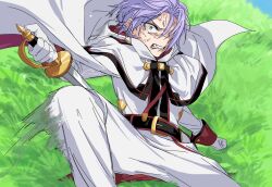  1boy black_trim cape hair_slicked_back highres jacket julius_juukulius knight male_focus nagatano_sio purple_hair re:zero_kara_hajimeru_isekai_seikatsu solo track_jacket track_suit two-sided_capelet white_cape 