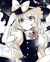  1girl apron back_bow black_hat black_skirt black_vest blonde_hair bow bowtie braid commentary_request hair_bow hand_on_headwear hat hat_bow highres katayama_kei kirisame_marisa long_hair looking_at_viewer marisa_day muted_colors puffy_short_sleeves puffy_sleeves red_bow red_bowtie short_sleeves side_braid single_braid skirt solo touhou vest waist_apron white_apron white_bow witch_hat yellow_eyes 