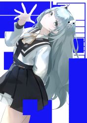  1girl absurdres black_dress black_sailor_collar blue_background blue_hair bow bowtie cropped_shirt dress grey_bow grey_bowtie grey_eyes hakogitsune hand_up headgear highres indie_virtual_youtuber leaning_back long_hair pleated_dress sailor_collar shirt solo somunia two-tone_background virtual_youtuber white_background white_shirt 