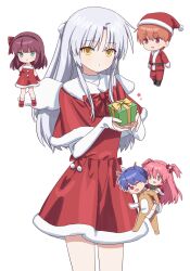  >:) 2boys 3girls :d ahoge alternate_costume angel_beats! angel_wings animal_costume antlers bare_shoulders black_hairband blue_hair blush boots bow bowtie box capelet carrying chibi chibi_inset christmas closed_mouth cosplay cowboy_shot dress dress_bow eyes_visible_through_hair fake_antlers fake_wings fang fur-trimmed_boots fur-trimmed_capelet fur-trimmed_dress fur-trimmed_jacket fur_trim gift gift_box gloves green_bow green_bowtie green_eyes hair_between_eyes hair_bow hair_ornament hairband hand_on_own_hip hands_up hat highres hinata_hideki holding holding_gift horns jacket kigurumi long_hair looking_at_another looking_at_viewer multiple_boys multiple_girls nakamura_yuri one_eye_closed open_mouth orange_hair otonashi_yuzuru outline pants parted_bangs parted_lips piggyback pink_eyes pink_hair pom_pom_(clothes) pom_pom_hair_ornament ponytail red_boots red_bow red_bowtie red_capelet red_dress red_eyes red_gloves red_jacket red_pants reindeer_antlers reindeer_costume saang2cm santa_costume santa_dress santa_hat short_dress short_hair short_ponytail sidelocks simple_background sleeveless sleeveless_dress sleeves_past_wrists smile smug standing star_(symbol) tachibana_kanade two_side_up v-shaped_eyebrows very_long_hair violet_eyes white_background white_outline wings yellow_eyes yui_(angel_beats!) 