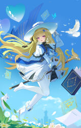  1girl absurdres black_gloves blonde_hair blue_sash blue_sky book boots chinese_commentary commentary_request day gloves hair_ornament hat highres holding holding_staff long_hair long_sleeves npp_(artist) open_mouth outdoors pantyhose phoebe_(wuthering_waves) riding sash shirt skirt sky solo staff tacet_mark_(wuthering_waves) violet_eyes white_boots white_hat white_pantyhose white_shirt white_skirt wuthering_waves x_hair_ornament 