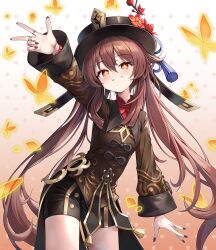 1girl absurdres black_hat black_nails brown_hair bug butterfly chinese_clothes coattails commentary_request flower flower-shaped_pupils genshin_impact hat hat_flower hat_tassel heavenly_rabbit highres hu_tao_(genshin_impact) jewelry long_hair multiple_rings plum_blossoms porkpie_hat ring shorts smile symbol-shaped_pupils tailcoat 
