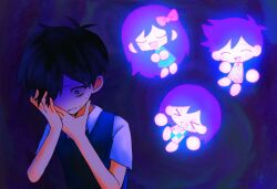  >_< 1girl 3boys :d antenna_hair aubrey_(headspace)_(omori) aubrey_(omori) black_eyes black_hair black_sweater_vest bow bright_pupils brothers chibi closed_eyes collared_shirt commentary grin hair_bow hair_over_one_eye hero_(headspace)_(omori) hero_(omori) kel_(headspace)_(omori) kel_(omori) long_hair multiple_boys omori open_mouth parted_lips pink_bow purple_hair shirt short_hair short_sleeves siblings smile sunny_(omori) sweat sweater_vest syakenimamire teeth white_pupils white_shirt xd 