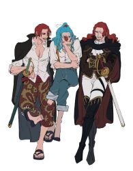  3boys black_coat blue_hair boots brothers buggy_the_clown clown_nose coat coat_on_shoulders commentary figarland_shamrock full_body high_ponytail highres invisible_chair long_hair looking_at_another male_focus mcbuckwheat multiple_boys one_piece pants ponytail red_hair red_nose sandals scar scar_across_eye scar_on_face shanks_(one_piece) sheath sheathed shirt short_hair siblings sitting suspenders sword untranslatable_commentary weapon white_background white_pants white_shirt 