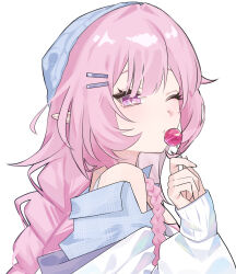  1girl absurdres blue_jacket candy commentary_request cyrene_(demiurge)_(honkai:_star_rail) cyrene_(honkai:_star_rail) cyrene_(nylon_japan)_(honkai:_star_rail) diamond-shaped_pupils diamond_(shape) food highres holding holding_candy holding_food holding_lollipop honkai:_star_rail honkai_(series) jacket lollipop long_hair looking_at_viewer official_alternate_costume one_eye_closed pink_hair pointy_ears simple_background solo symbol-shaped_pupils very_long_hair violet_eyes vmpavma white_background 