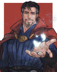  1boy beard beard_stubble blue_eyes blue_shirt bug butterfly cape closed_mouth commentary doctor_strange doctor_strange_(series) facial_hair highres lno408 male_focus marvel open_hand red_cape shirt smile stubble upper_body 