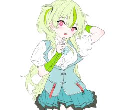  1girl aqua_bow aqua_bowtie aqua_shirt aqua_vest arm_warmers bow bowtie breasts bright_pupils collared_shirt commentary cowboy_shot dress_shirt eyes_visible_through_hair green_arm_warmers green_hair green_streaks hair_between_eyes hands_up heaven_burns_red highres index_finger_raised long_hair looking_at_viewer medium_breasts miniskirt multicolored_hair ooshima_isuzu open_mouth oyakodon451 pleated_skirt polka_dot polka_dot_bow polka_dot_bowtie puffy_short_sleeves puffy_sleeves red_eyes shirt short_sleeves sidelocks simple_background skirt solo streaked_hair teeth two_side_up upper_teeth_only very_long_hair vest white_background white_pupils white_shirt 