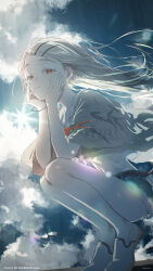  1girl absurdres bare_legs blonde_hair camisole colored_eyelashes commentary_request copyright_name denim denim_shorts earrings floating_hair gakuen_idolmaster hair_ornament hairclip hands_on_own_cheeks hands_on_own_face highres idolmaster jewelry kyafu light_smile long_hair looking_at_viewer orange_eyes outdoors parallel_hairclips robe shinosawa_hiro shoes short_shorts shorts solo squatting stud_earrings tiptoes white_camisole white_robe white_shoes 