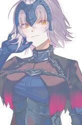  1girl armor black_armor blue_dress blue_gloves breasts brown_capelet capelet chain closed_mouth commentary_request dress fate/grand_order fate_(series) gloves grey_hair hair_between_eyes hand_up headpiece highres holding_own_hair jeanne_d'arc_alter_(avenger)_(fate) jeanne_d'arc_alter_(fate) large_breasts looking_at_viewer me_me_korin short_hair simple_background smile solo upper_body white_background yellow_eyes 