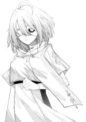  1girl absurdres ahoge breasts dress eyepatch highres honkai_(series) honkai_impact_3rd jacket large_breasts looking_at_viewer sa_(honkai_impact) short_hair simple_background solo soudayu vita_(honkai_impact) vita_(salt_snow)_(honkai_impact) 