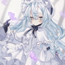  1girl ahoge black_bow black_bowtie black_gloves blunt_ends bow bowtie braid bug butterfly catriona commentary_request dress dress_bow frilled_dress frilled_sleeves frills gloves gothic_lolita grey_eyes hair_between_eyes hat karunabaru lolita_fashion long_dress long_hair looking_at_viewer pink_butterfly red_pupils shadowverse shadowverse:_worlds_beyond simple_background solo white_bow white_dress white_hair white_hat 