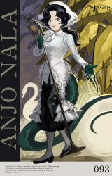  1girl :d anjo_nala black_hair black_shoes black_skirt character_name coif commentary corset english_text fragrance_(freakyduck9000) full_body gloves green_gloves green_tail hat highres holding holding_microphone_stand lizard_tail long_hair long_skirt microphone microphone_stand neckerchief pantyhose pencil_skirt pinstripe_pattern pinstripe_shirt plant reverse:1999 shirt shoes signature singing skirt smile solo striped_clothes striped_shirt tail vertical-striped_clothes vertical-striped_shirt vintage_microphone violet_eyes walking white_corset white_hat white_neckerchief white_pantyhose white_shirt 