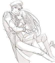  1boy 1girl boots caleb_(love_and_deepspace) greyscale hapi-nim hat highres hug lineart long_hair long_sleeves looking_at_viewer love_and_deepspace military military_uniform monochrome pants peaked_cap pleated_skirt short_hair simple_background sketch skirt smile white_background 