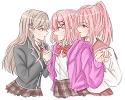  3girls amaori_haruna amaori_renako ashigaya_high_school_uniform blazer bow bowtie brown_eyes brown_hair brown_skirt eye_contact fen_(sef_fen) girl_sandwich grey_jacket holding_hands hood hoodie incest jacket long_hair looking_at_another medium_hair multiple_girls pink_hair pink_sailor_collar plaid_clothes plaid_skirt pleated_skirt ponytail purple_hoodie red_bow red_bowtie sailor_collar sandwiched school_uniform sena_ajisai serafuku shirt siblings simple_background sisters skirt sweat violet_eyes watashi_ga_koibito_ni_nareru_wake_naijan_murimuri! white_background white_shirt 