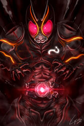  1boy antennae armor black_armor black_bodysuit black_helmet bodysuit bug century_king_sun_driver commentary_request compound_eyes glowing glowing_eyes grasshopper helmet highres kamen_rider kamen_rider_black_sun kamen_rider_black_sun_(series) not_makigai orange_trim red_eyes rider_belt signature solo tokusatsu 