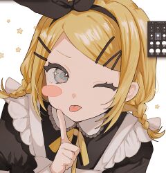  1girl apron art_program_in_frame black_dress blonde_hair blue_eyes blush bow bowtie braid collar commentary_request dot_nose dress enmaided finger_to_cheek four-pointed_star hair_bow hair_ornament hairband hairclip highres juliet_sleeves kagamine_rin long_sleeves looking_at_viewer maid maid_apron one_eye_closed onemubot parallel_hairclips puffy_sleeves short_hair sidelocks solo star_(symbol) star_symbol_background tongue tongue_out twin_braids upper_body vocaloid white_apron white_background yellow_bow yellow_bowtie 