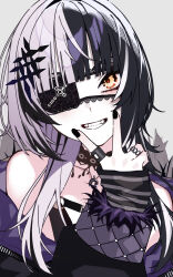  1girl absurdres arm_warmers black_arm_warmers black_choker black_coat black_hair black_nails choker coat commentary english_commentary eyepatch fur-trimmed_coat fur_trim grey_hair grin highres hololive hololive_english looking_at_viewer multicolored_hair purple_coat shiori_novella shiori_novella_(1st_costume) simple_background smile solo split-color_hair teeth two-sided_coat two-sided_fabric two-tone_hair u-stadt v v_over_mouth virtual_youtuber white_background yellow_eyes 