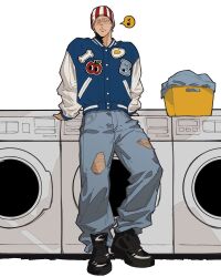  1boy alternate_costume baggy_pants bandana billy_kane black_shoes blonde_hair blue_eyes blue_jacket blue_pants blush closed_mouth commentary denim earrings fatal_fury full_body highres jacket jeans jewelry laundromat laundry_basket leaning letterman_jacket male_focus musical_note pants plasticcero99 shoes short_hair simple_background sneakers solo spoken_musical_note stud_earrings the_king_of_fighters torn_clothes torn_jeans torn_pants untranslatable_commentary white_background white_sleeves 