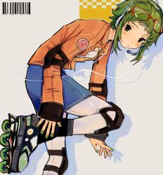  1girl barcode blue_skirt blush commentary denim denim_skirt elbow_pads eyewear_on_head green_eyes green_hair green_nails gumi headset highres inline_skates jacket knee_pads leaning_forward looking_at_viewer open_clothes open_jacket orange_jacket pantyhose pencil_skirt red-framed_eyewear roller_skates shirt short_hair skates skirt solo standing standing_on_one_leg twintails untranslatable_commentary vocaloid white_pantyhose white_shirt zalupk228 