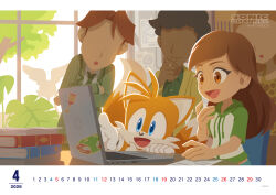  absurdres at_computer blue_eyes book brown_eyes brown_hair chair computer faceless fox_boy furry furry_male gloves green_shirt highres indoors laptop official_art on_chair open_mouth shirt short_sleeves sitting sonic_(series) tails_(sonic) web_address white_gloves 