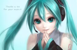  aqua_eyes aqua_hair close-up english green_eyes hatsune_miku headphones headset highres long_hair portrait smile solo twintails vocaloid yukari_(pixiv545454) 