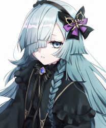  1girl black_bow black_bowtie blue_eyes blunt_ends bow bow_hairband bowtie braid bug butterfly catriona commentary_request dress frilled_sleeves frills gothic_lolita hair_over_one_eye hairband highres lolita_fashion long_hair looking_at_viewer nanosuke_(nanonano9) parted_lips shadowverse shadowverse:_worlds_beyond simple_background solo swept_bangs white_background white_hair 