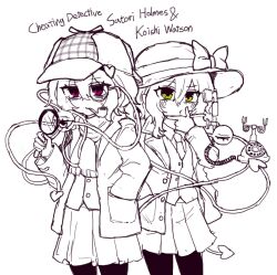 2girls alternate_costume antique_phone bow collared_shirt deerstalker detective disembodied_linked_eye english_text eyeball foul_detective_satori green_eyes greyscale hand_in_pocket hat hat_bow highres holding holding_magnifying_glass jacket komeiji_koishi komeiji_satori long_sleeves magnifying_glass monochrome monocle multiple_girls necktie open_clothes open_jacket pantyhose phone rampa93 red_eyes rotary_phone scarf shirt skirt smoking_pipe smoking_pipe_in_mouth spot_color touhou 